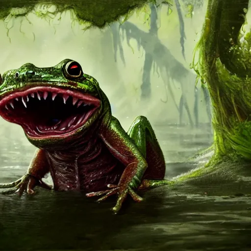 Prompt: an amphibian goblin in a swamp, digital art, matte painting, fantasy art, 8 k, trending on artstation, ultra detailed