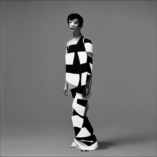 Prompt: Issey Miyake, black and white photo