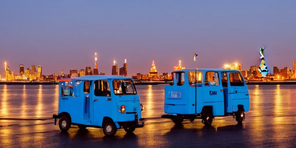 Image similar to a lonely blue tuk tuk with the statue of liberty in the background, night, full color