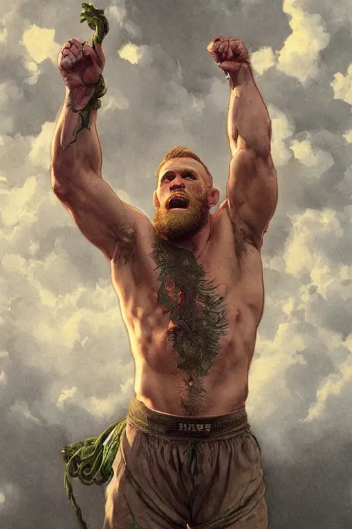 Image similar to crucified hulking herculean ogre conor mcgregor, masterpiece, intricate, elegant, highly detailed, digital painting, artstation, concept art, smooth, sharp focus, illustration, art by artgerm and greg rutkowski and alphonse mucha and uang guangjian and gil elvgren and sachin teng, symmetry!!