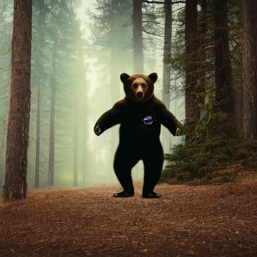 Prompt: A still image of a bear in a astronaut suit in the woods foggy very detail 4K quality super realistic