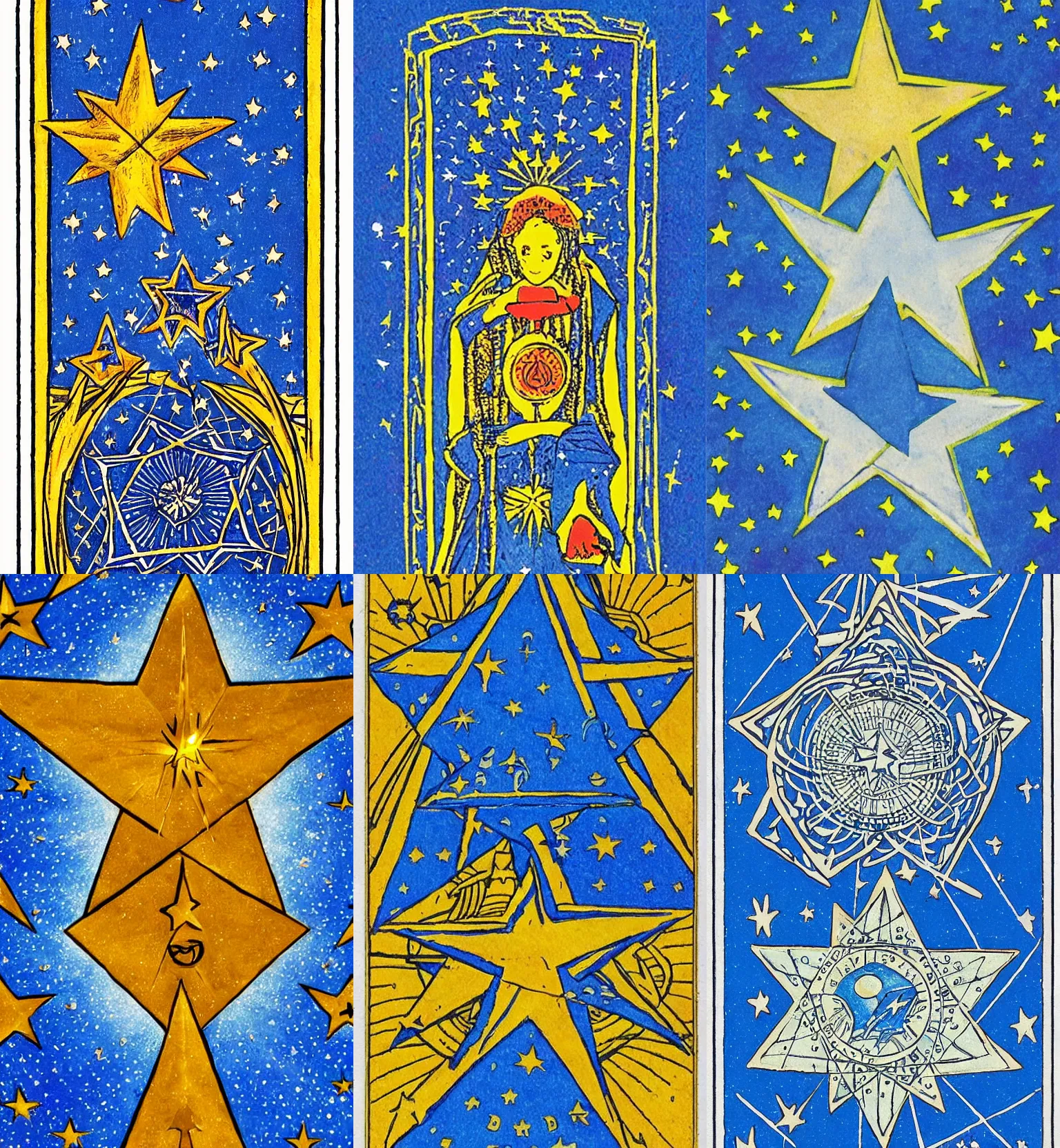 Prompt: tarot card, the star written on the lower part of the card, a star in the middle, the entire universe in blue in the background