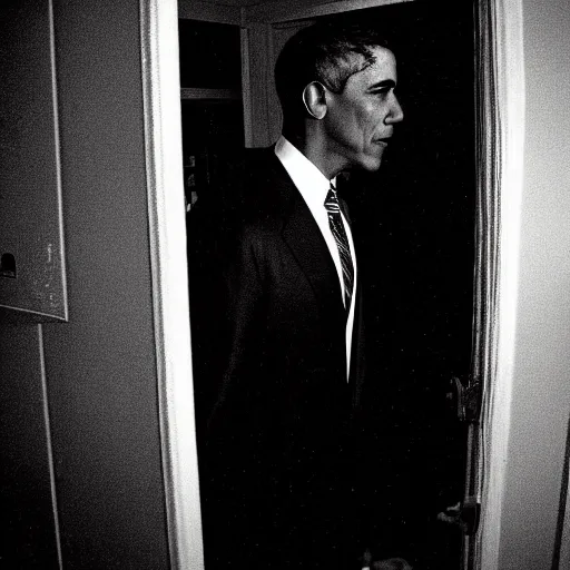 Prompt: grainy photo of barack obama as a creepy monster in a closet, harsh flash