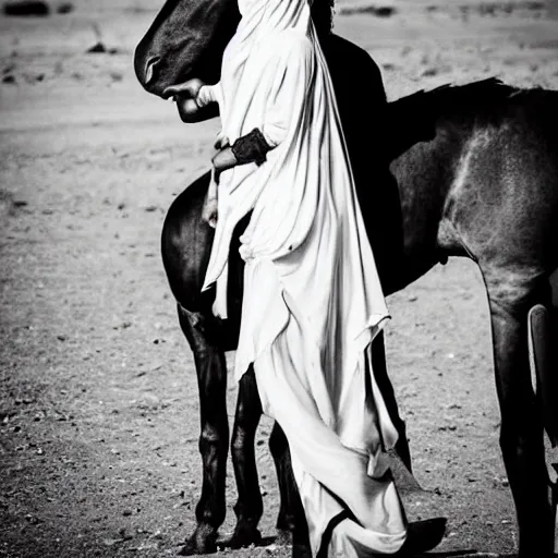 Image similar to beautiful burqa's woman, ride horse in saharan, dress like taliban, sharp eyes, detailed face, white skin, beautiful tatted hands, handling riffle on chest, shooting pose, dust, cinematic, dynamic pose, pinterest