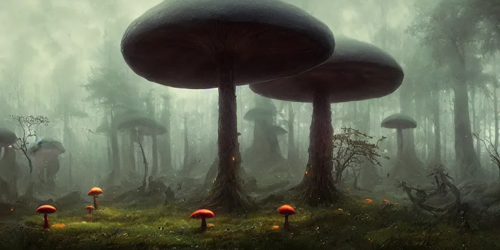 Image similar to ominous and powerful glowing mushroom kingdom, dark fantasy, Greg Rutkowski and Studio Ghibli and Ivan Shishkin