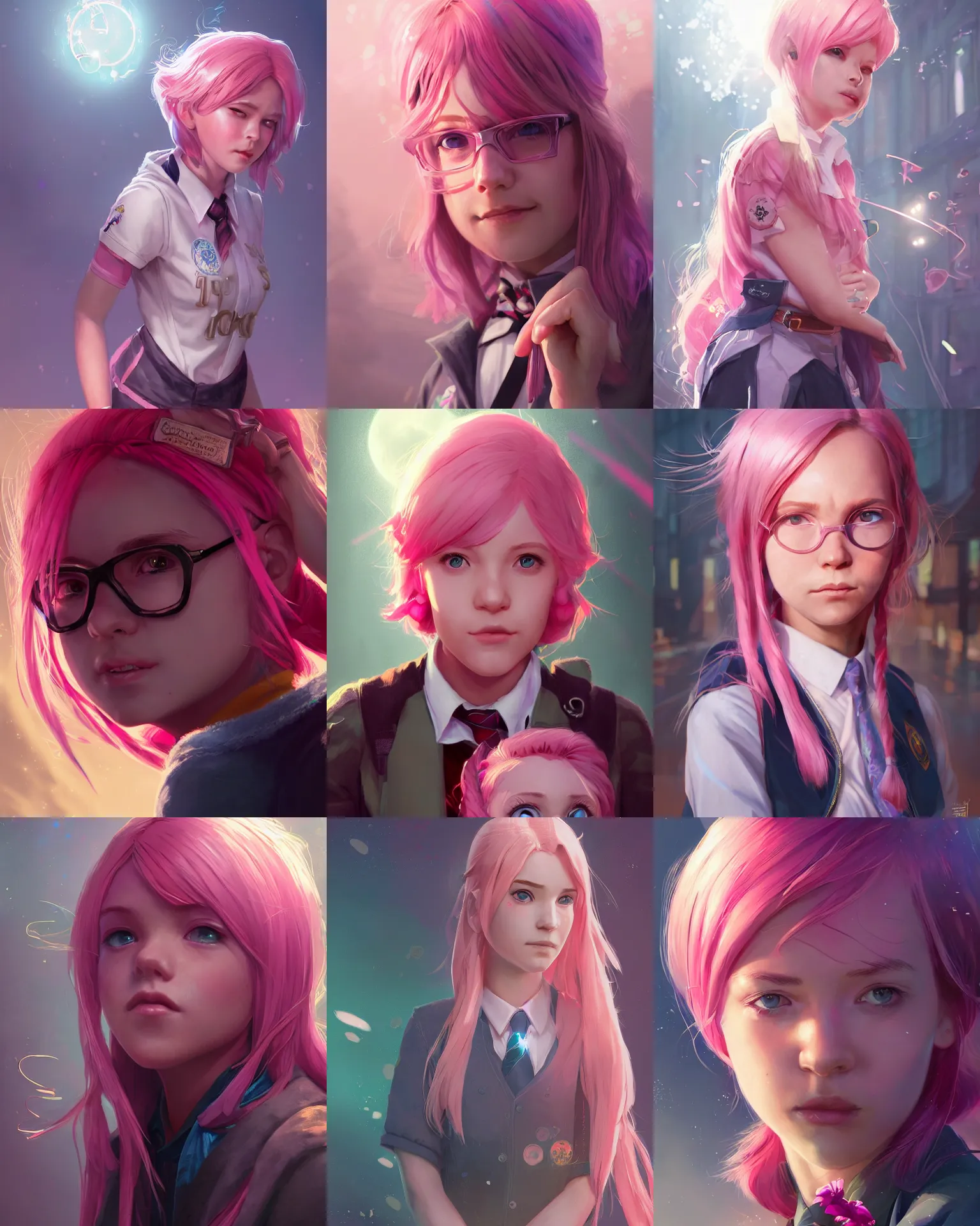 Prompt: portrait of an innocent lost college girl with pink hair, magic school uniform, fantasy building, intricate, sharp focus, lens flare, bloom, rim light, illustration, highly detailed, digital painting, concept art, matte, art by maciej kuciara