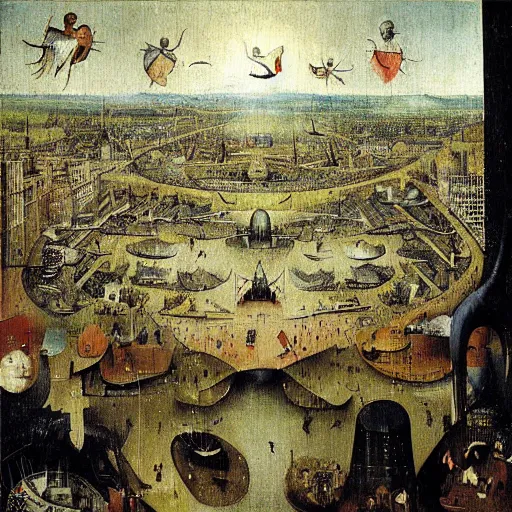 Prompt: modern city vision by hieronymus bosch, painting,