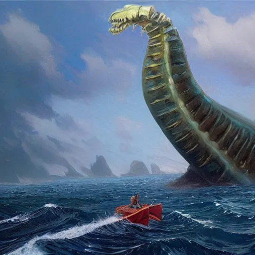 Prompt: an enormous eldritch sea monster peaking it's gigantic head out of the ocean in front of a tiny lifeboat with two children. detailed. photo realistic. masterpiece. john charles dollman. rhads. tianhua xu.