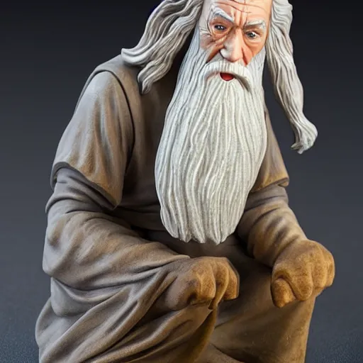 Prompt: figurine made of rough stone of gandalf with no hat. gandalf is sitting at a light - mixer, studio photo, uhd 4 k, backlight, rule of thirds