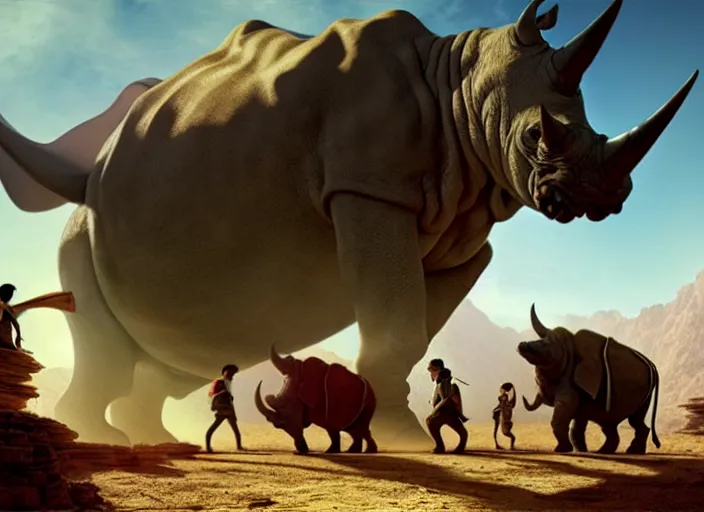 Image similar to the big large expedition with a crowd of adventurers being brought by gigantic rhinos carrying stuff towards the desert of duhnes medium shot, studio ghibli animation, anime key art by craig mullins, bloom, dramatic lighting