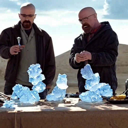 Prompt: Walter White and Jessie Pinkman as dwarves cooking blue meth crystals in the Breaking Bad movie series, cinematic scene