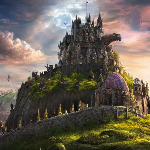 Image similar to large fantasy castle covering the top of the giant tortoise moving across harsh wasteland with sharp rays of sunlight, mortal engines howls moving castle, distant - mid - shot, fantasy, hyper detailed, 4 k