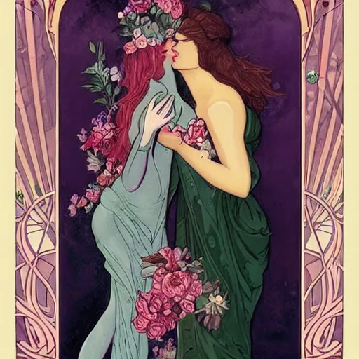 Image similar to epic portrait of the most beautiful women holding each other, surrounded by soft florals, concept art, art nouveau style, tarot card, high detail, realistic anatomy, beautiful