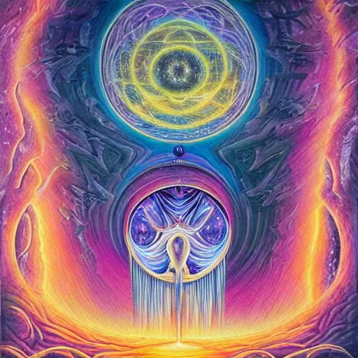 Image similar to expressive intense oil paintinf of the silver serenade connects to the laced transmission symphony of the celestial psylocibin by ron of the moonlight forest by alex grey, ron walotsky and paul lehr