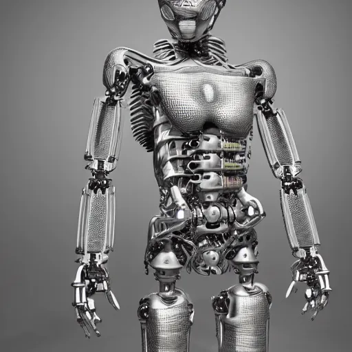 Image similar to intricate detailed robot wearing a tracksuit made of human flesh