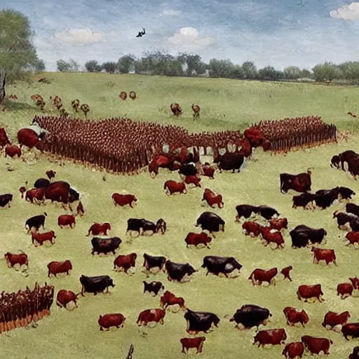 Image similar to large battle scene of cows vs chickens