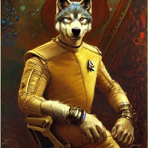 Prompt: a portrait of a wolf dogman canine star trek chief engineer. highly detailed painting by gaston bussiere craig mullins jc leyendecker gustav klimt artgerm greg rutkowski alphonse mucha furry