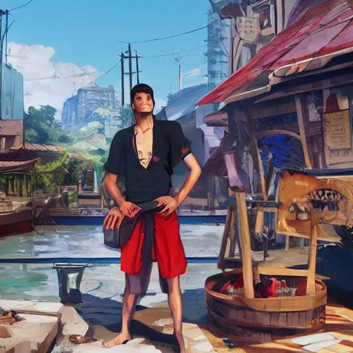 Image similar to highly detailed portrait luffy in gta v, stephen bliss, unreal engine, fantasy art by greg rutkowski, loish, rhads, ferdinand knab, makoto shinkai and lois van baarle, ilya kuvshinov, rossdraws, tom bagshaw, global illumination, radiant light, detailed and intricate environment