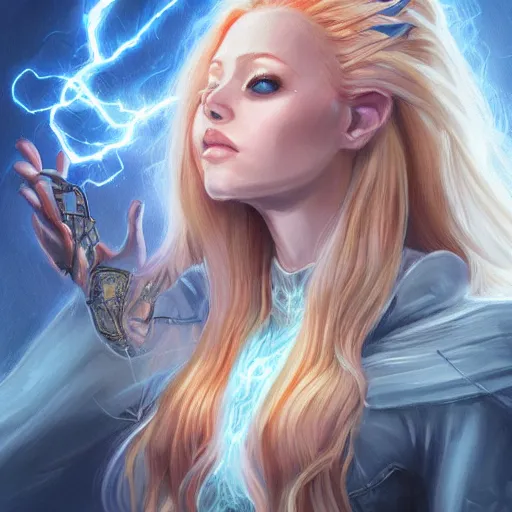 Prompt: a human wizard casting a spell, female, blonde and auburn two toned hair, crackling blue lightning, fantasy, d & d, intricate, elegant, highly detailed, digital painting, artstation, concept art, matte, sharp focus, illustration, in the style of magic the gathering