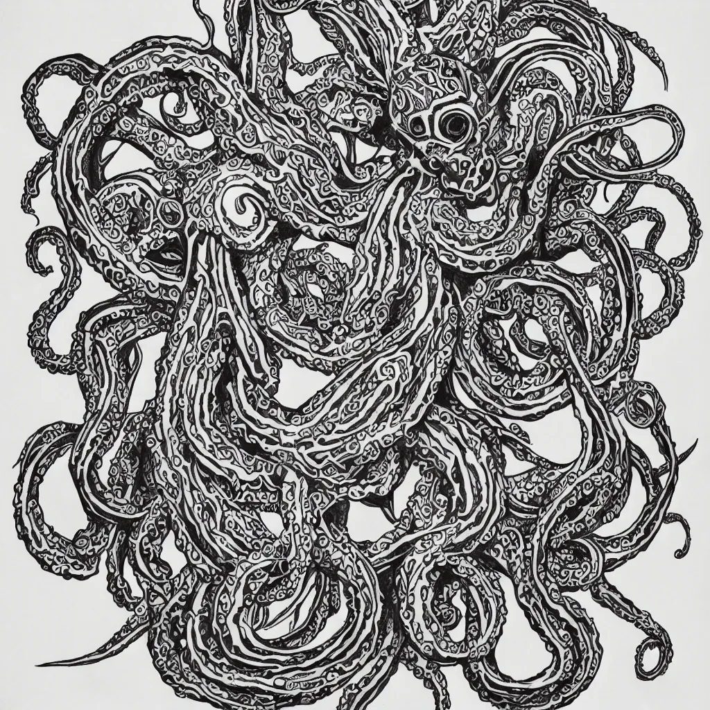 Image similar to tattoo design. line drawing. symmetric octopus. intricate