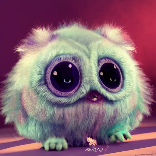 Prompt: small fluffy sad cute monster with big eyes, lsd - color, 3 d, photorealistic, ultra - details, trending on artstation