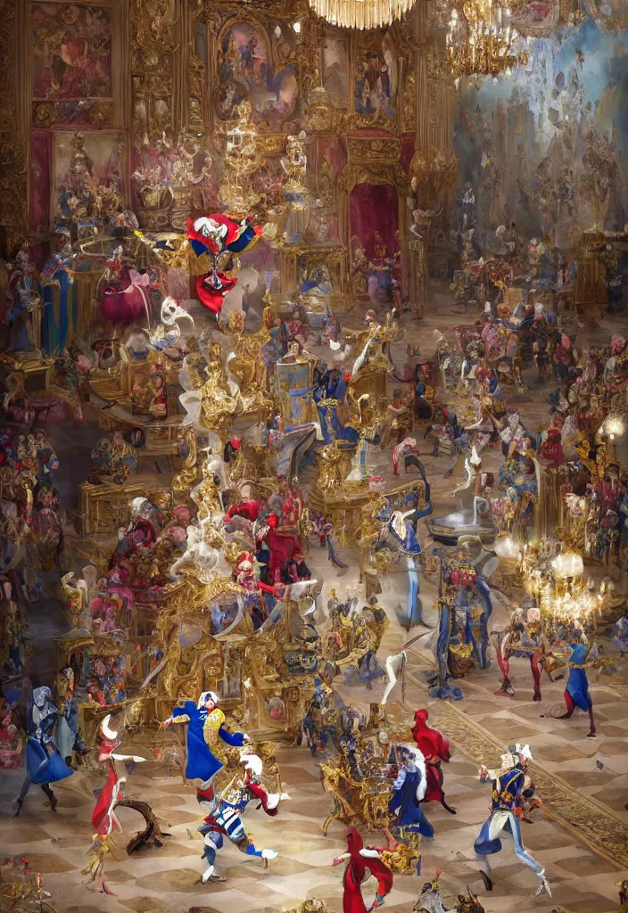 Prompt: painting of a jester dancing inside the buckingham palace surrounded by royal family, surreal highly detailed, artstation greg rutkowski