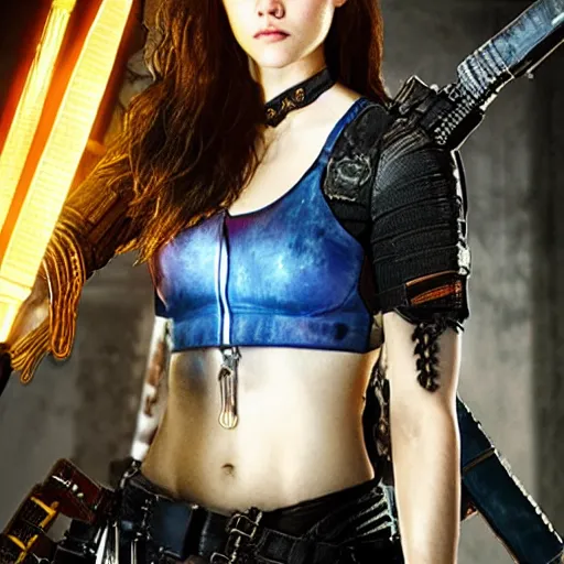 Image similar to photo of alexandra daddario as a cyberpunk warrior with weapons