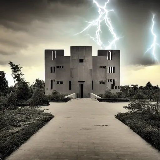 Prompt: a centered magnificent building of le Corbusier standing in the middle of manathan, apocalypse lightning, high quality, 4k