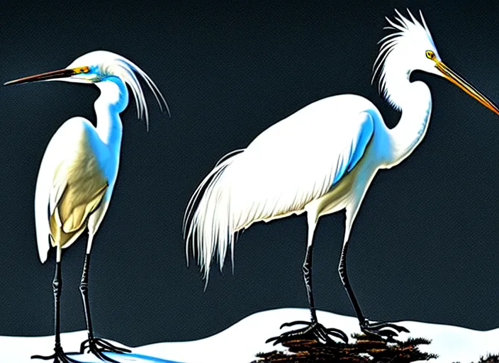 Image similar to an extremely detailed masterpiece photorealistic of a snowy egret in a rookery, in the style of brian bolland, digital art, unreal engine, volumetric lighting, dark moody lighting, epic scene