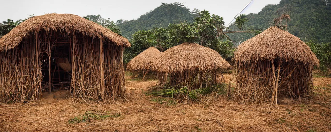 Prompt: rural vietnamese village building hut out of spaghetti, ultra - realistic faces, fine detail, canon 5 0 mm, in the style of ansel adams, wes anderson, kodachrome