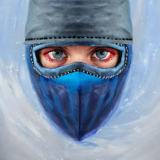 Prompt: bandit from ‘ icewind dale ’ and with a blue mask lined with copper, ‘ icewind dale 2 ’ portrait by ‘ justin sweet ’, pretty face, falling snow, soft focus, oil paint,