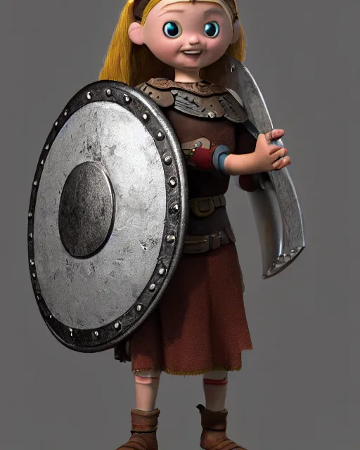 Image similar to a toy of a viking girl with her shield raised to defend, pixar style, authentic viking armor, historically accurate, clean detail, symmetrical, octane render, studio lighting