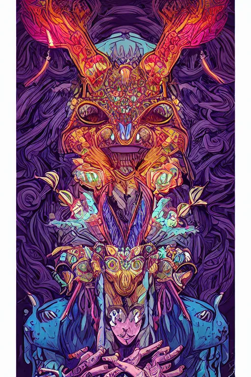 Image similar to animal mask totem roots tribal feather gemstone plant wood rock shaman vodoo video game vector illustration vivid multicolor borderlands comics by josan gonzales and dan mumford radiating a glowing aura