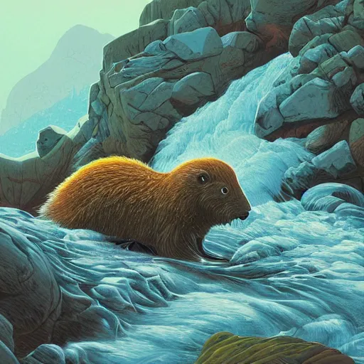 Image similar to painting by kilian eng of a group of marmots playing in a mountain stream, kilian eng