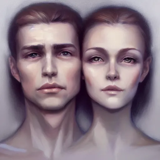 Image similar to perfectly centered symmetrical split male and female portrait of man and woman in love sharing one heart ; oil painting by charlie bowater and wlop, photorealistic, highly detailed ; trending on artstation