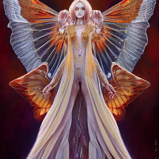 Image similar to a beautiful symmetrical woman full body wearing a kaftan dress with translucent wings by alex gray and android jones , Karol Bak, Ayami Kojima, Amano , concept art, character design, fantasy,3D, 8k resolution