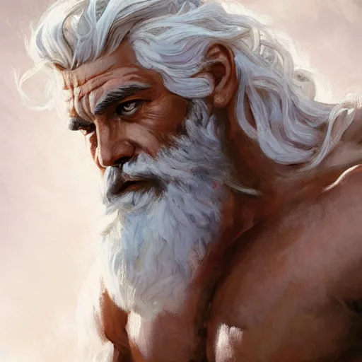 Image similar to painted portrait of rugged zeus, greek god, white hair, masculine, mature, handsome, upper body, muscular, hairy torso, fantasy, intricate, elegant, highly detailed, digital painting, artstation, concept art, smooth, sharp focus, illustration, art by gaston bussiere