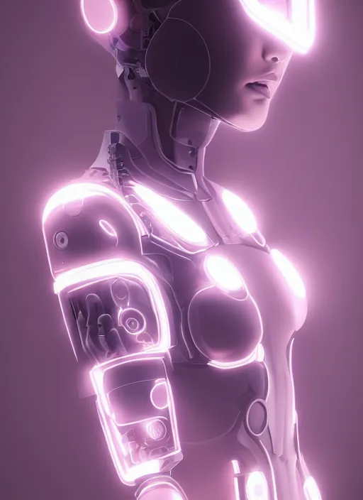 Image similar to white one cast futuristic biomechanics futuristic humanoid, pretty face, beautiful female, futuristic, neon lights, cyberpunk, 8 k, digital painting, by beeple and makoto shinkai, trending on cg society, glamour pose, fashion photography, high fashion, canon r 3, photorealistic, hyper realistic, perfect body, ambient occlusion render