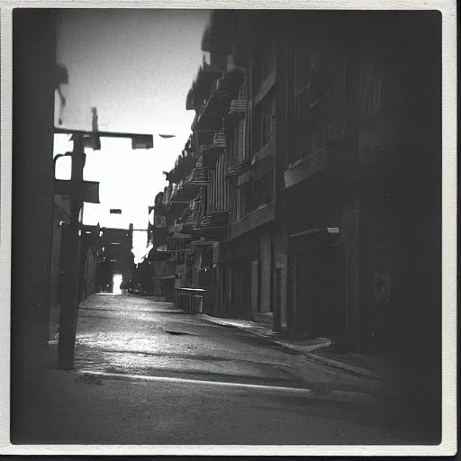 Image similar to A polaroid of aa street with no one on it but a horrifying creature. Black and white, grainy, dark colors, cinematic lighting, hyper detailed.