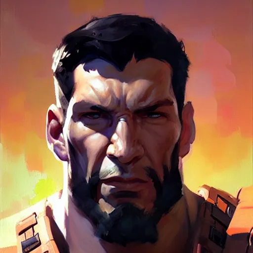 Image similar to Greg Manchess portrait painting of punisher as Overwatch character, medium shot, asymmetrical, profile picture, Organic Painting, sunny day, Matte Painting, bold shapes, hard edges, street art, trending on artstation, by Huang Guangjian and Gil Elvgren and Sachin Teng