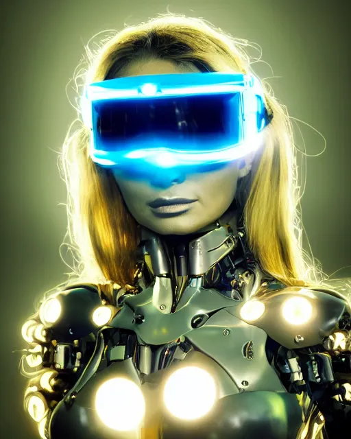 Image similar to centered portrait of flirtatious young carmen electra as a solarpunk mecha humanoid robotic parts wearing goggles with bright turquoise lights, real human face, pudica pose bouguereau style, inside white room, ultra - realistic and intricate, soft portrait shot 8 k