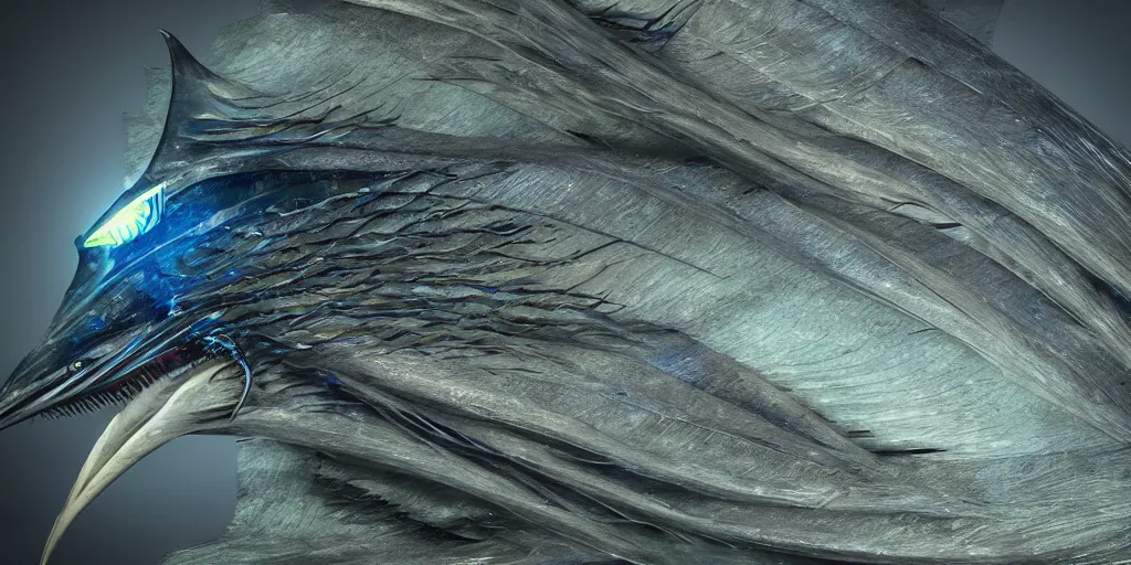 Image similar to sailfish, stylized layered textures, long flowing fins, bioluminescent orbs, 3 d render, substance painter, glowing eye, smooth, sharp focus, art by h r giger