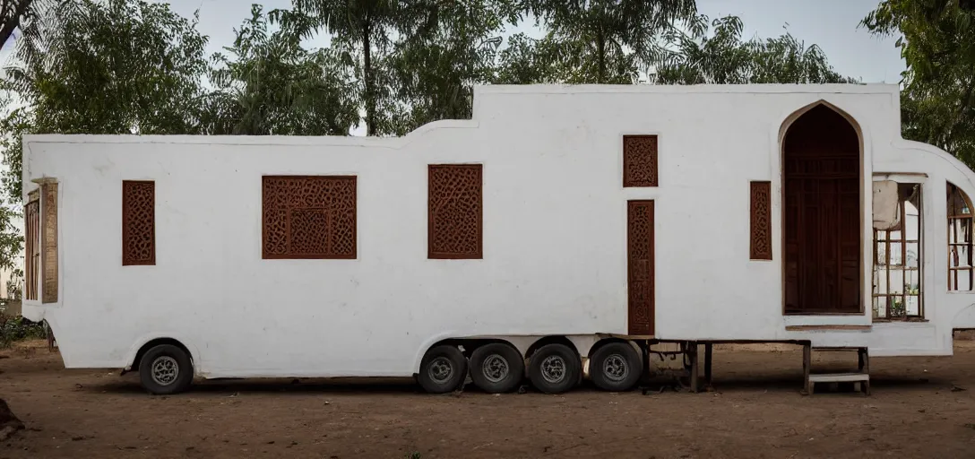 Image similar to mughal - style white ivory tiny home on trailer with minarets in cyberpunk india