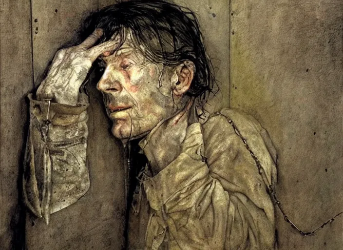 Image similar to shabby but smart faced homeless man in a dirt floored cell chained to a wall, talking questioningly, painting by andrew wyeth and alan lee, very detailed, somber mood,