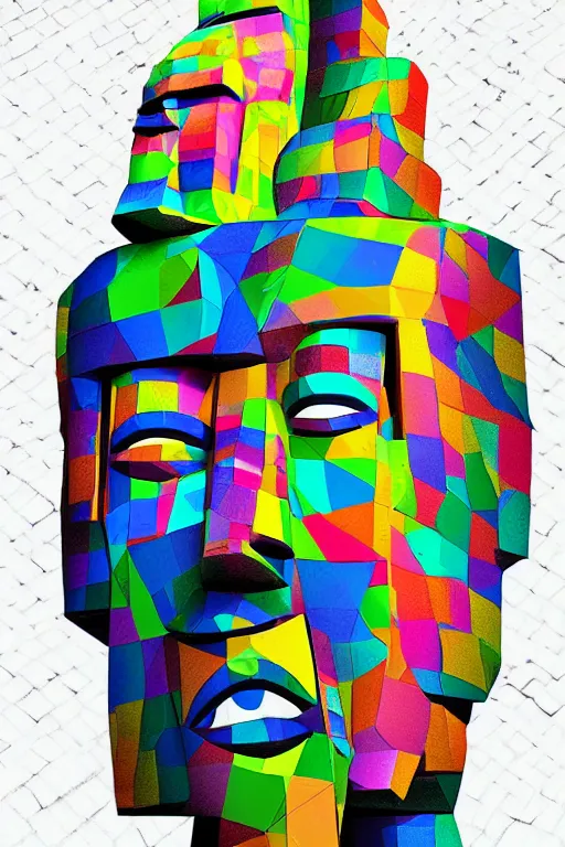 Image similar to cubist moai statue cutout digital illustration cartoon colorful beeple