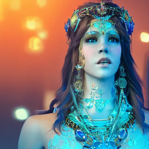 Prompt: photo of princess of sapphire, eyes closed, glowing, ornate and intricate blue jewelry, jaw dropping beauty, glowing background lighting, blue accent lighting, hyper detailed, 4 k octane render