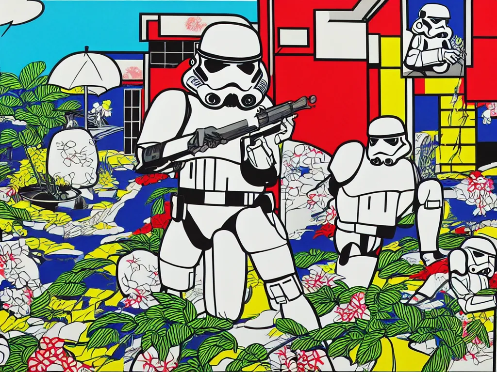 Prompt: hyperrealistic composition of the japanese home with a garden, stormtrooper in hot springs, pop - art style, jacky tsai style, andy warhol style, roy lichtenstein style, rich palette, acrylic on canvas