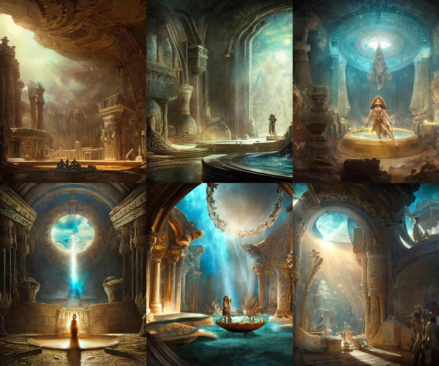 Prompt: fantasy movie scene raymond swanland and canaletto and mucha detailed digital art of ornate and royal egyptian antechamber tomb, cleopatra in a circular pool with an erupting galaxy, epic atmosphere, sharp sunray lighting, cinematic lighting, fine details, 4 k, unreal engine, hyperrealism, cinematic composition, blender render, realistic, detailed textures, very wide shot