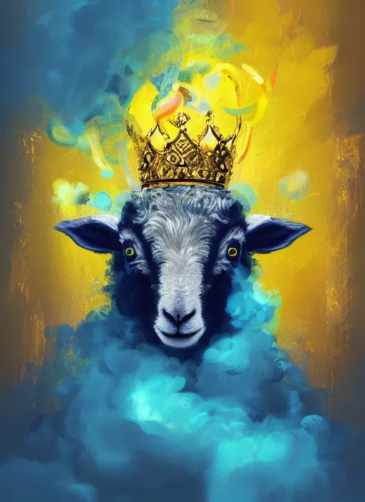 Image similar to a painting of a lamb's face with blue and yellow smoke coming out of, wearing an ornate crown, a digital painting by petros afshar, behance contest winner, digital art, behance hd, digital illustration, digital painting