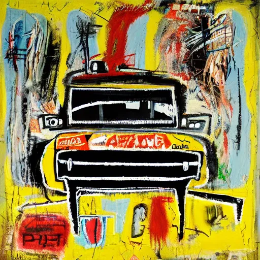 Image similar to pt cruiser on a racetrack, basquiat